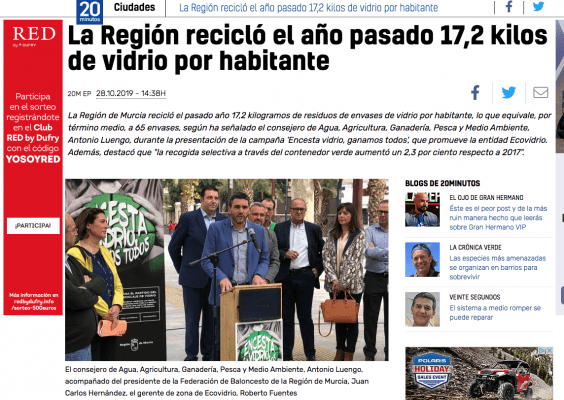 La Región recicló el año pasado 17,2 kilos de vidrio por habitante