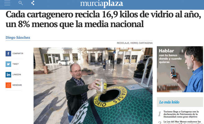 Cada cartagenero recicla 16,9 kilos de vidrio al año, un 8% menos que la media nacional